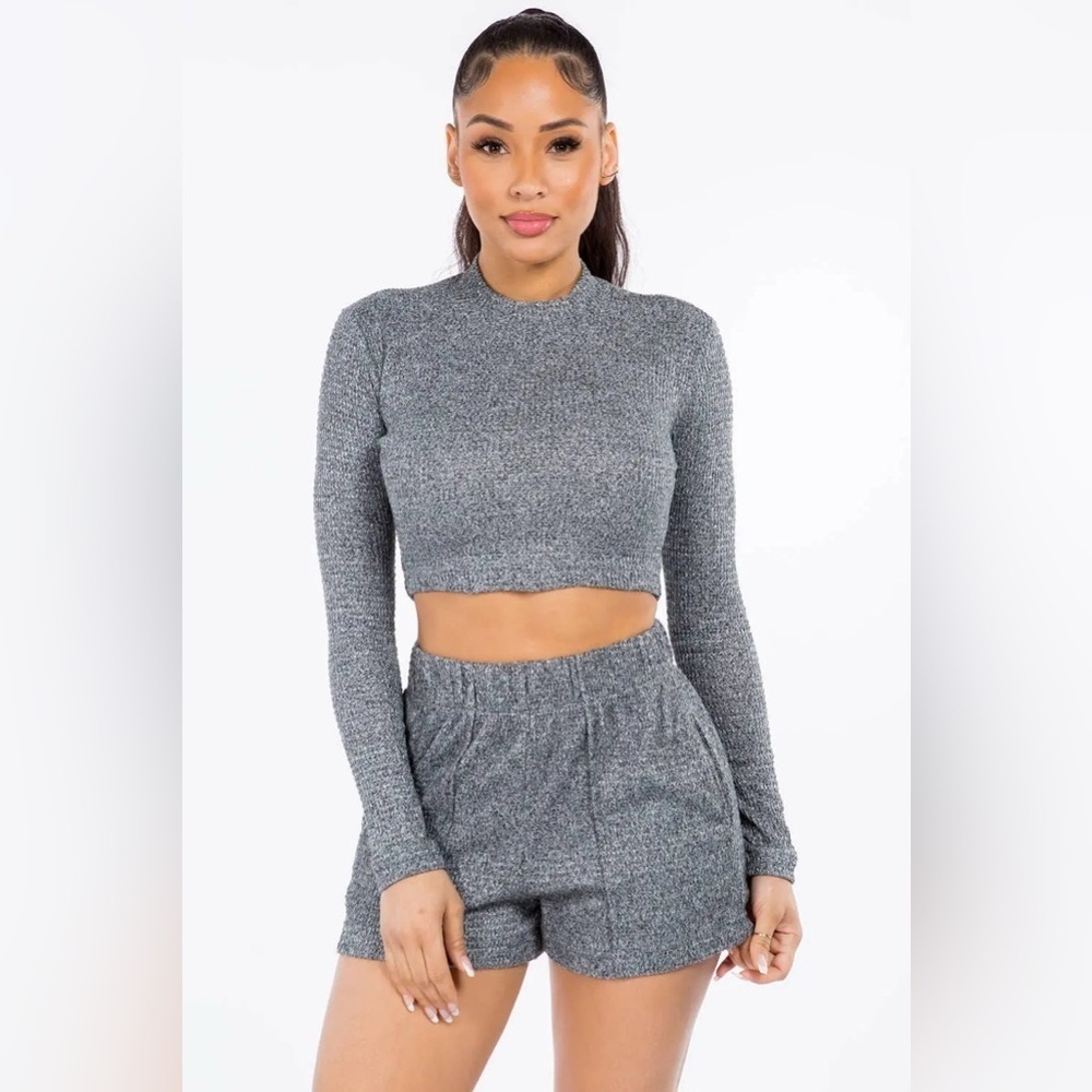 Verrocci Dark Gray  Waffle Knit Top & Shorts Lounge Set